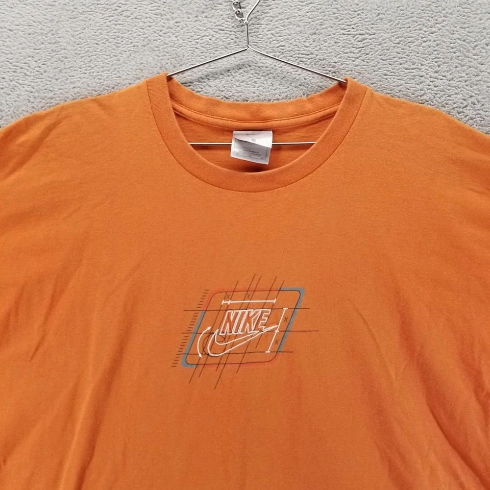 VTG Nike Shirt Mens 2XL Orange Center Swoosh‎ Grid Graphic Short Sleeve Tee Y2K